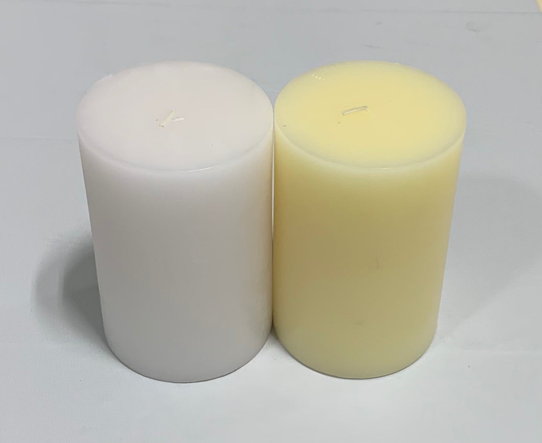 Crate&Barrel Case of 6 Unscented 4X6 White and Ivory Pillar Candles